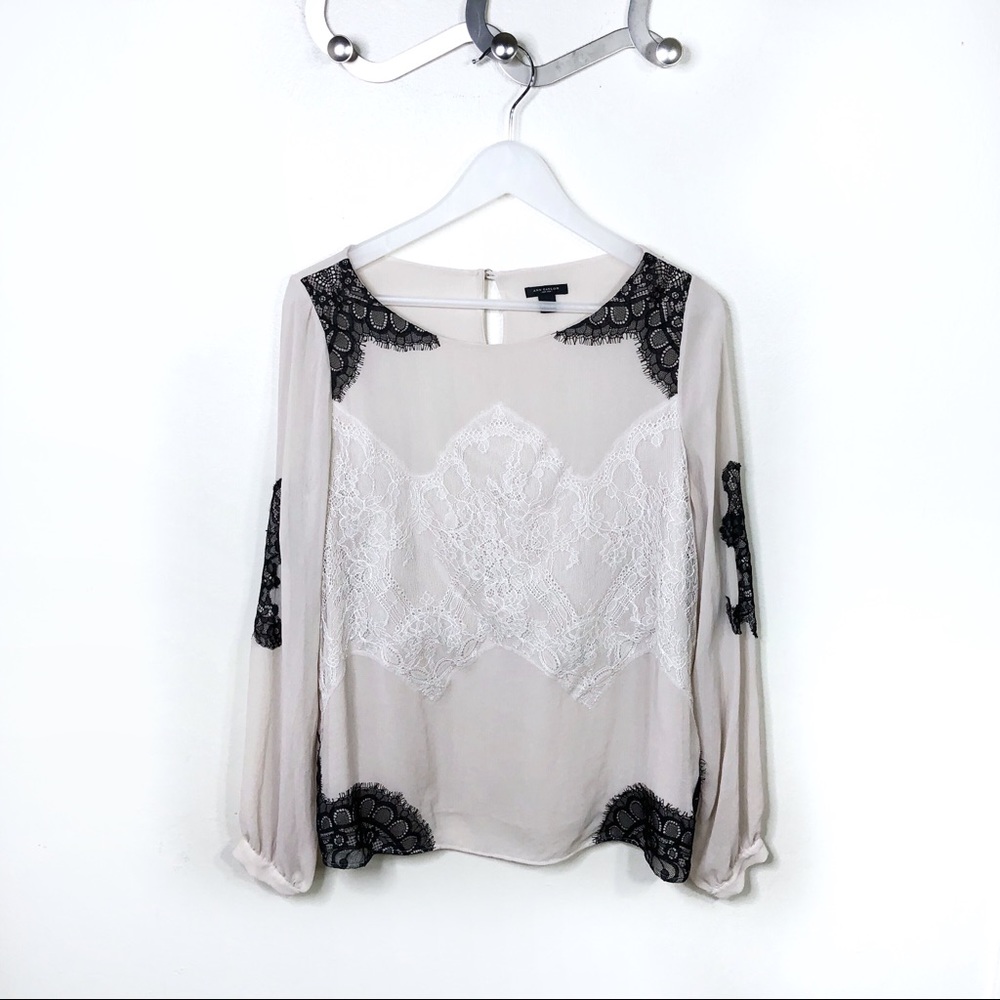 Ann Taylor Cream/Tan Long Sleeve Lace Blouse